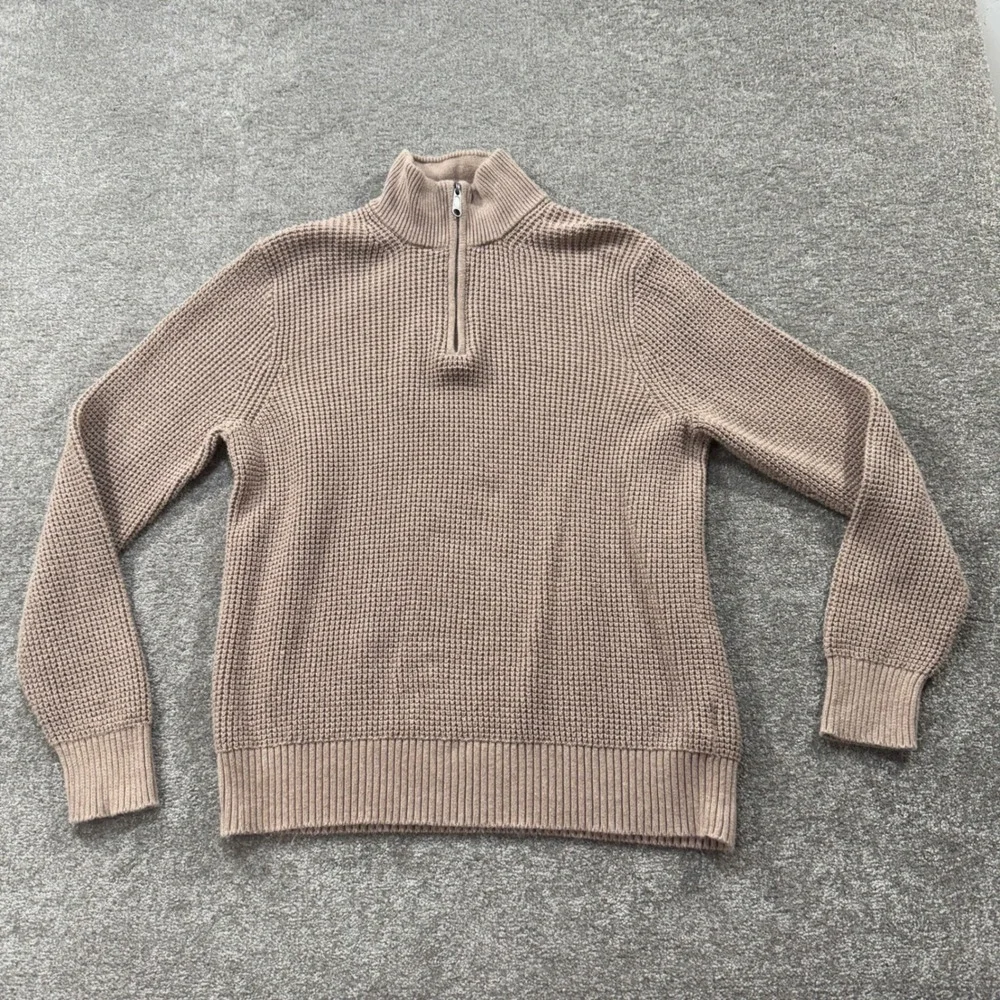 J Crew Quarter Zip Sweater Mens Medium Tan Cotton Waffle Knit‎ Pullover C52 Top